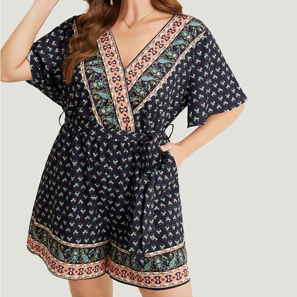 BloomChic Navy Bandana Print Wrap Ruffle Sleeve Belted Romper Plus Size 1X